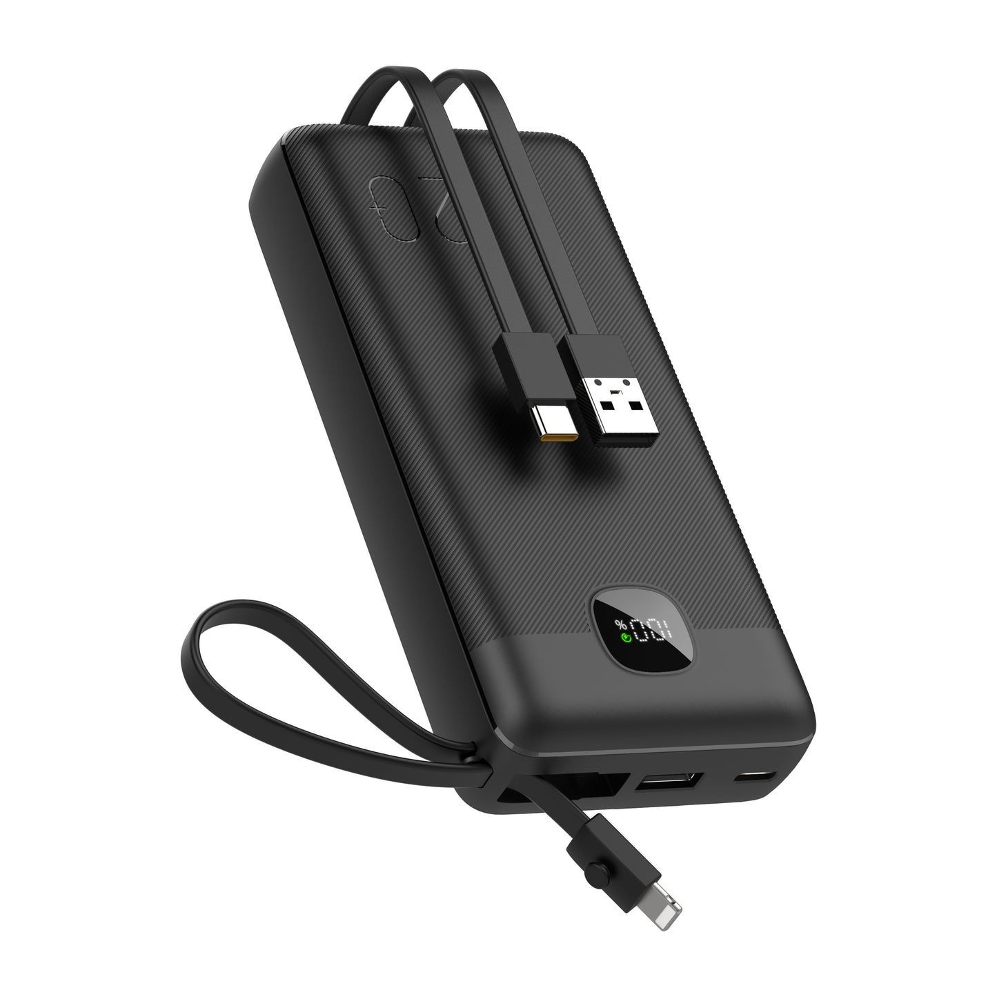 Powerbank 20.000 mAh mit integriertem USB-C-, USB-A- & Lightning-Kabel – Externer Akku mit Display und Schnellladefunktion