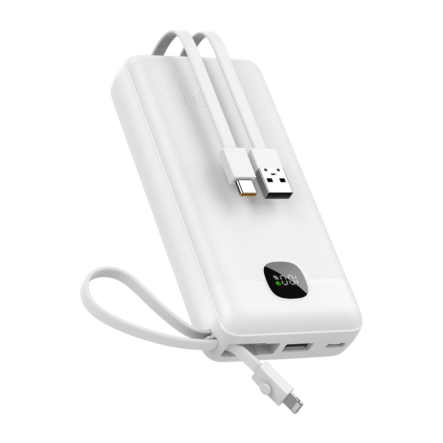 Powerbank 20.000 mAh mit integriertem USB-C-, USB-A- & Lightning-Kabel – Externer Akku mit Display und Schnellladefunktion