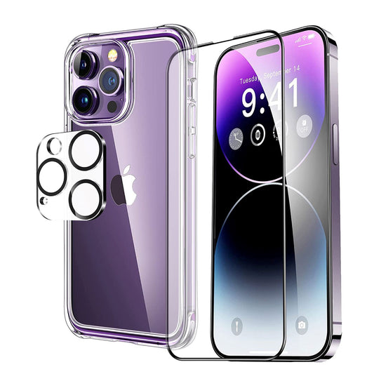 Handyhülle für iPhone + Schutz Glas + Kamera-Schutz – 3-in-1 Set, stoßfest, kratzfest, Sichtschutz  Schwarz oder Transparent