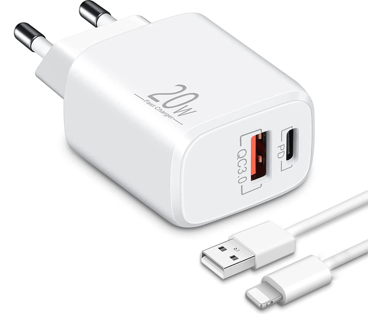 Ladegerät Doppelanschluss  Schnellladegerät USB-C + USB-A , Dual-Port Charger, Schnellladen für iPhone, iPad, Samsung, Google Pixel, Tablet & mehr