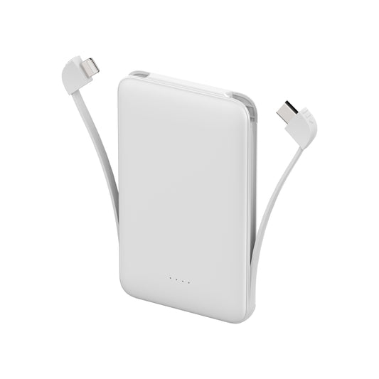 Powerbank 5000 mAh mit integriertem USB-C & Lightning Kabel – Zusatzakku mit Statusanzeige und USB-A/USB-C Anschluss