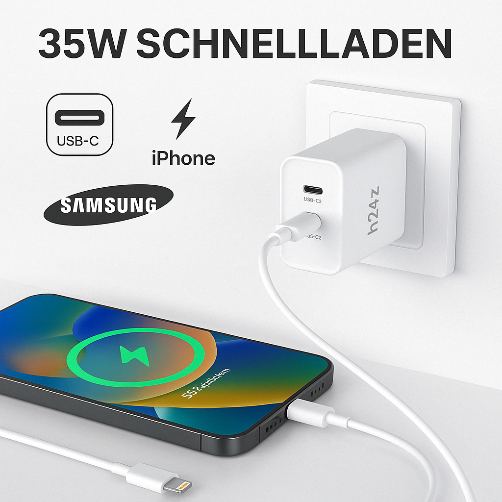 35 Watt GAN USB-C Schnellladegerät mit 2 USB-C Anschlüssen – Weiß oder Schwarz – Kompatibel mit iPhone, Samsung iPad, MacBook, Hu,awei, Xiaomi, OnePlus, Google Pixel – PD 3.0 Netzteil für schnelles Laden
