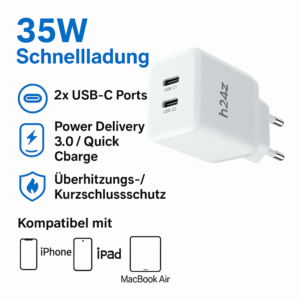 35 Watt GAN USB-C Schnellladegerät mit 2 USB-C Anschlüssen – Weiß oder Schwarz – Kompatibel mit iPhone, Samsung iPad, MacBook, Hu,awei, Xiaomi, OnePlus, Google Pixel – PD 3.0 Netzteil für schnelles Laden