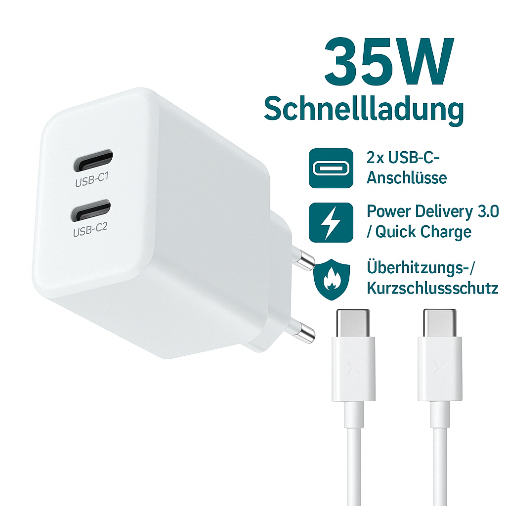 35 Watt GAN USB-C Schnellladegerät mit 2 USB-C Anschlüssen – Weiß oder Schwarz – Kompatibel mit iPhone, Samsung iPad, MacBook, Hu,awei, Xiaomi, OnePlus, Google Pixel – PD 3.0 Netzteil für schnelles Laden