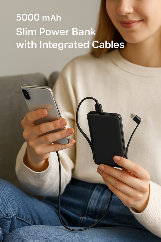 Powerbank 5000 mAh mit integriertem USB-C & Lightning Kabel – Zusatzakku mit Statusanzeige und USB-A/USB-C Anschluss
