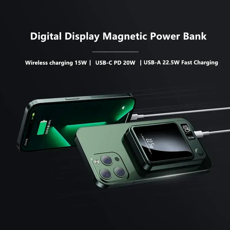 Magnetische Powerbank kompatibles  MagSafe-Ladegerät mit USB-C &USB-A für iPhone & Smartphones