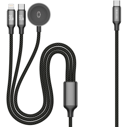 3-in-1 Ladekabel 1,2 m – USB-C 60W, Lightning 30W & Apple Watch Ladefunktion