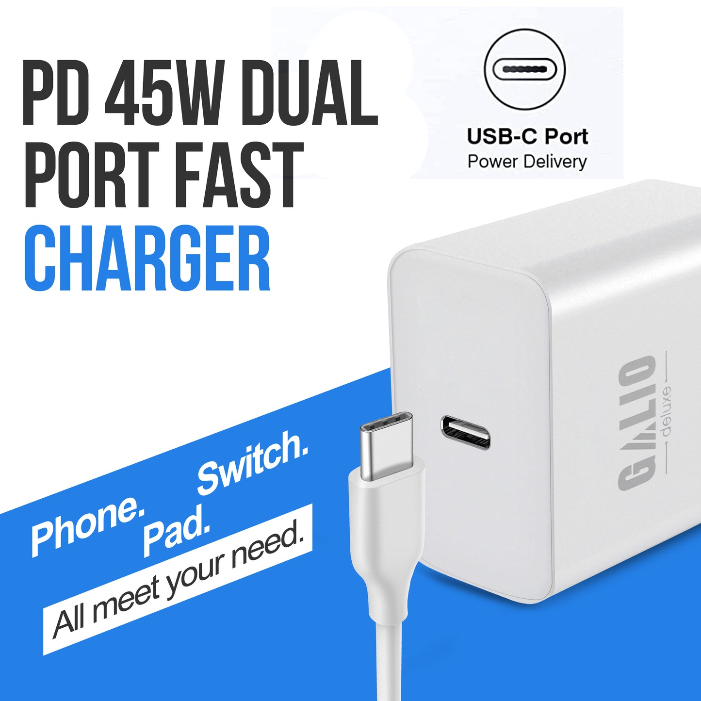 45Watt USB-C Schnellladegerät mit USB-C oder IOS für Iphone Ladekabel – Kompatibel mit iPhone 16, 15, 14, 13, 12, 11, XS, XR, SE, Samsung S25, S24, S23, iPad, MacBook, Huawei, Xiaomi, OnePlus, Google Pixel – PD 3.0 Netzteil für ultraschnelles Laden