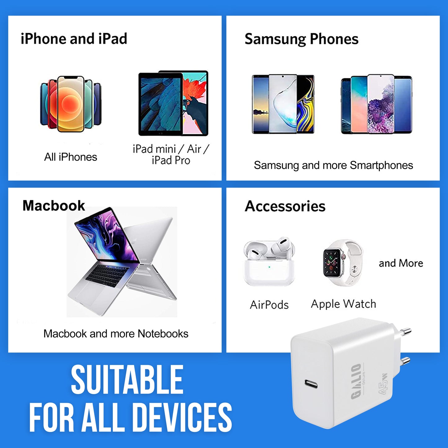 45Watt USB-C Schnellladegerät mit USB-C oder IOS für Iphone Ladekabel – Kompatibel mit iPhone 16, 15, 14, 13, 12, 11, XS, XR, SE, Samsung S25, S24, S23, iPad, MacBook, Huawei, Xiaomi, OnePlus, Google Pixel – PD 3.0 Netzteil für ultraschnelles Laden