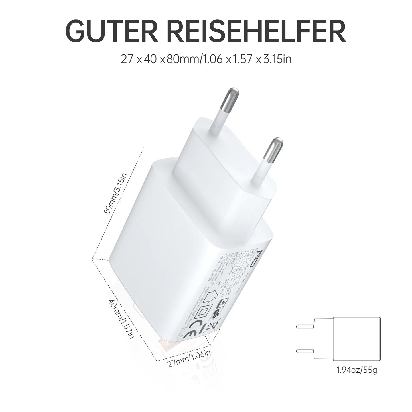 Ladegerät Doppelanschluss  Schnellladegerät USB-C + USB-A , Dual-Port Charger, Schnellladen für iPhone, iPad, Samsung, Google Pixel, Tablet & mehr